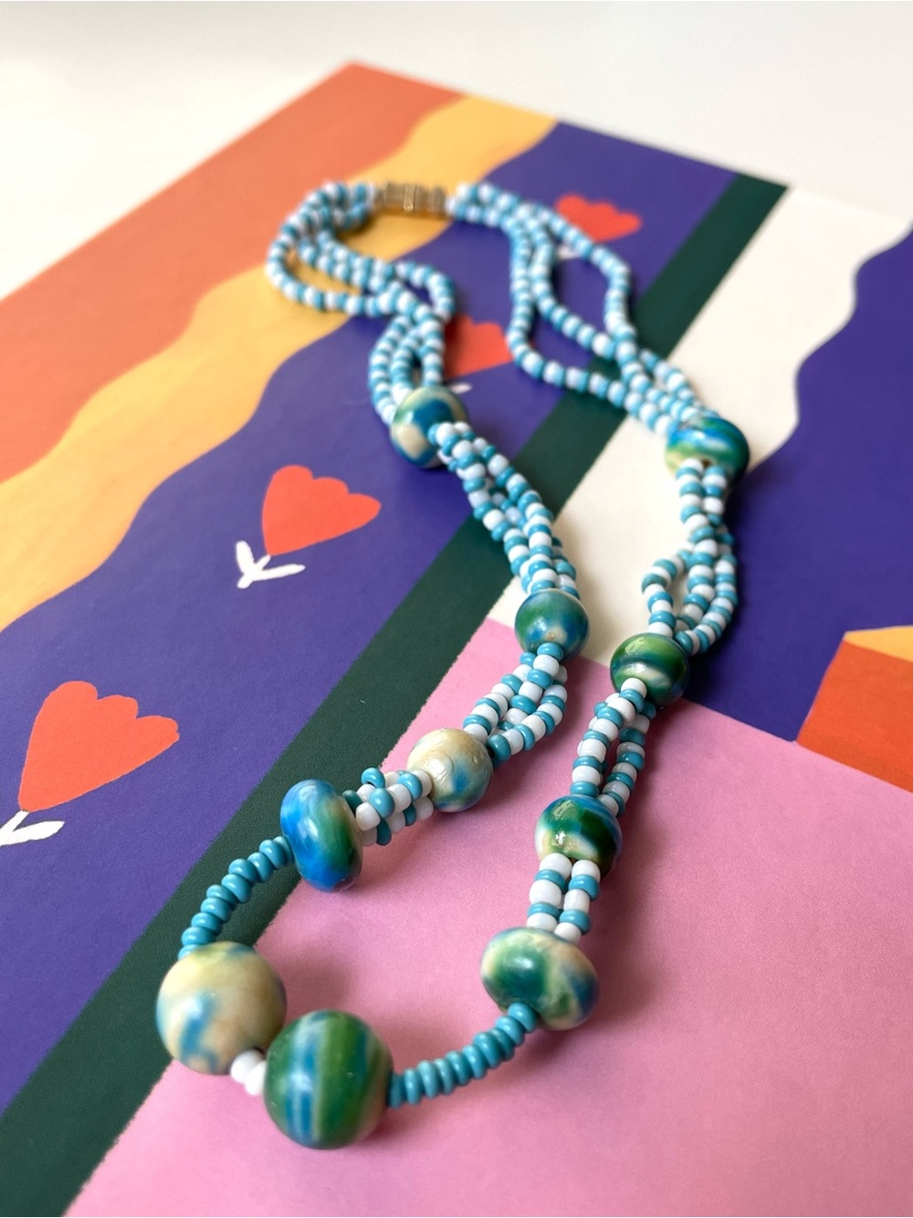 Playful vintage beaded choker necklace blue white glow boho